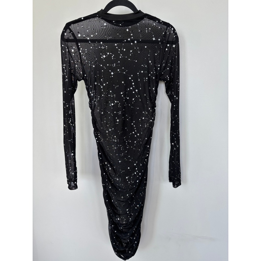 LYANER Womens Black Sheer Mesh Star Print Ruched Mock Neck Bodycon‎ Dress Medium